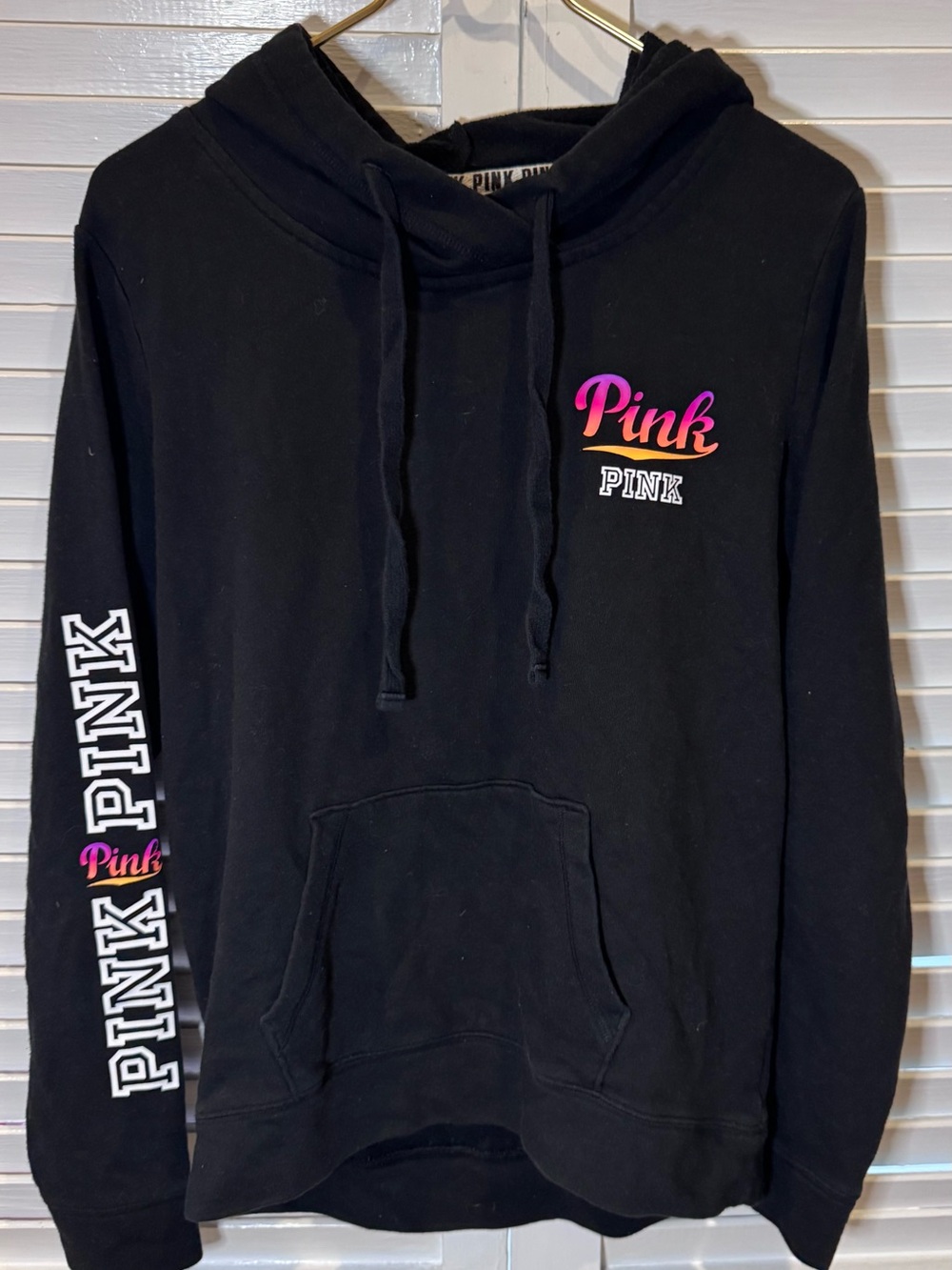 PINK Victoria’s Secret Black Hoodie Logo Sleeve Small